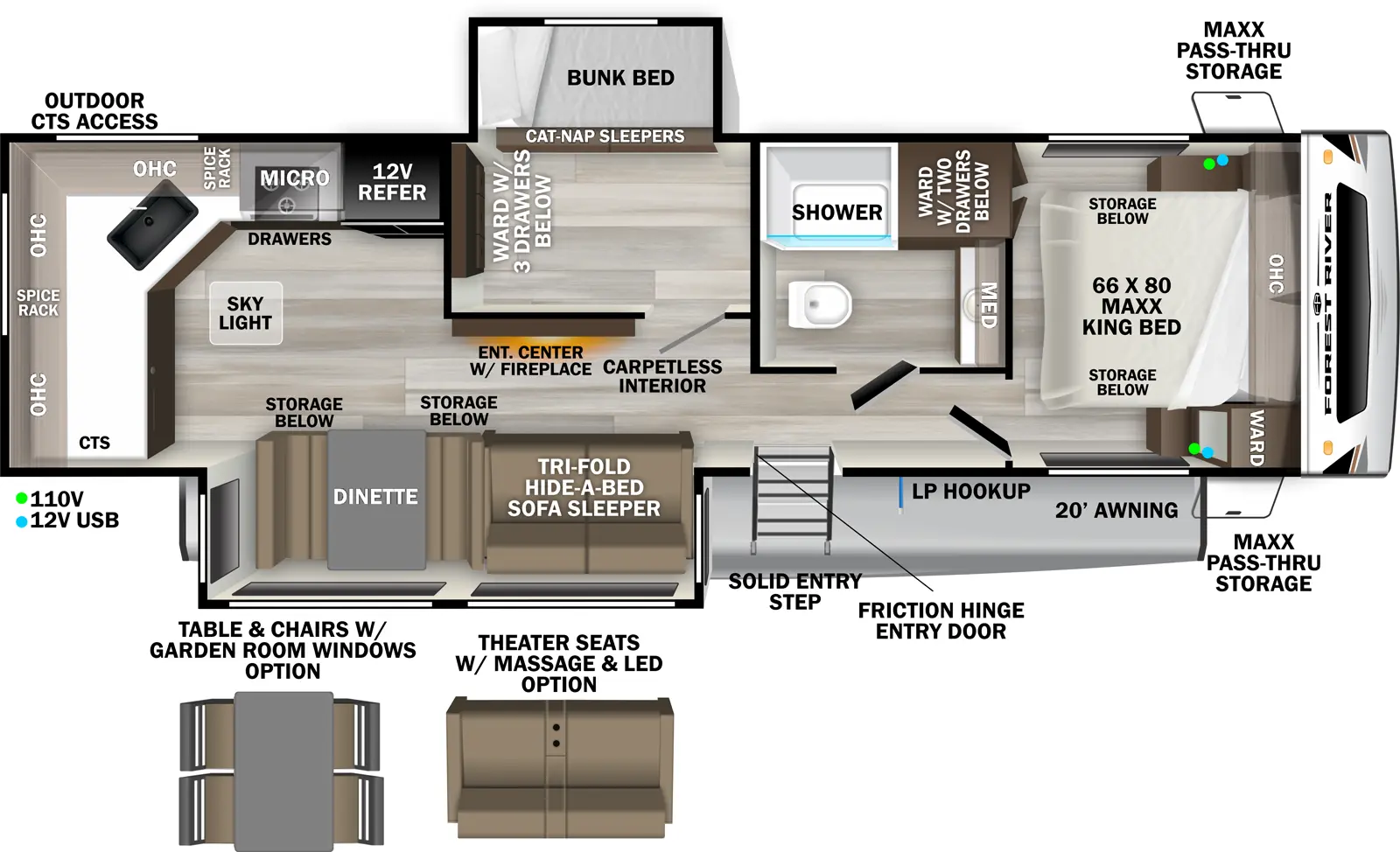 The Wildcat Travel Trailers 304MBX floorplan has one entry and two slide outs. Exterior features include: fiberglass exterior and 20' awning. Interiors features include: bunk beds, rear kitchen, free-standing dinette option and front bedroom.